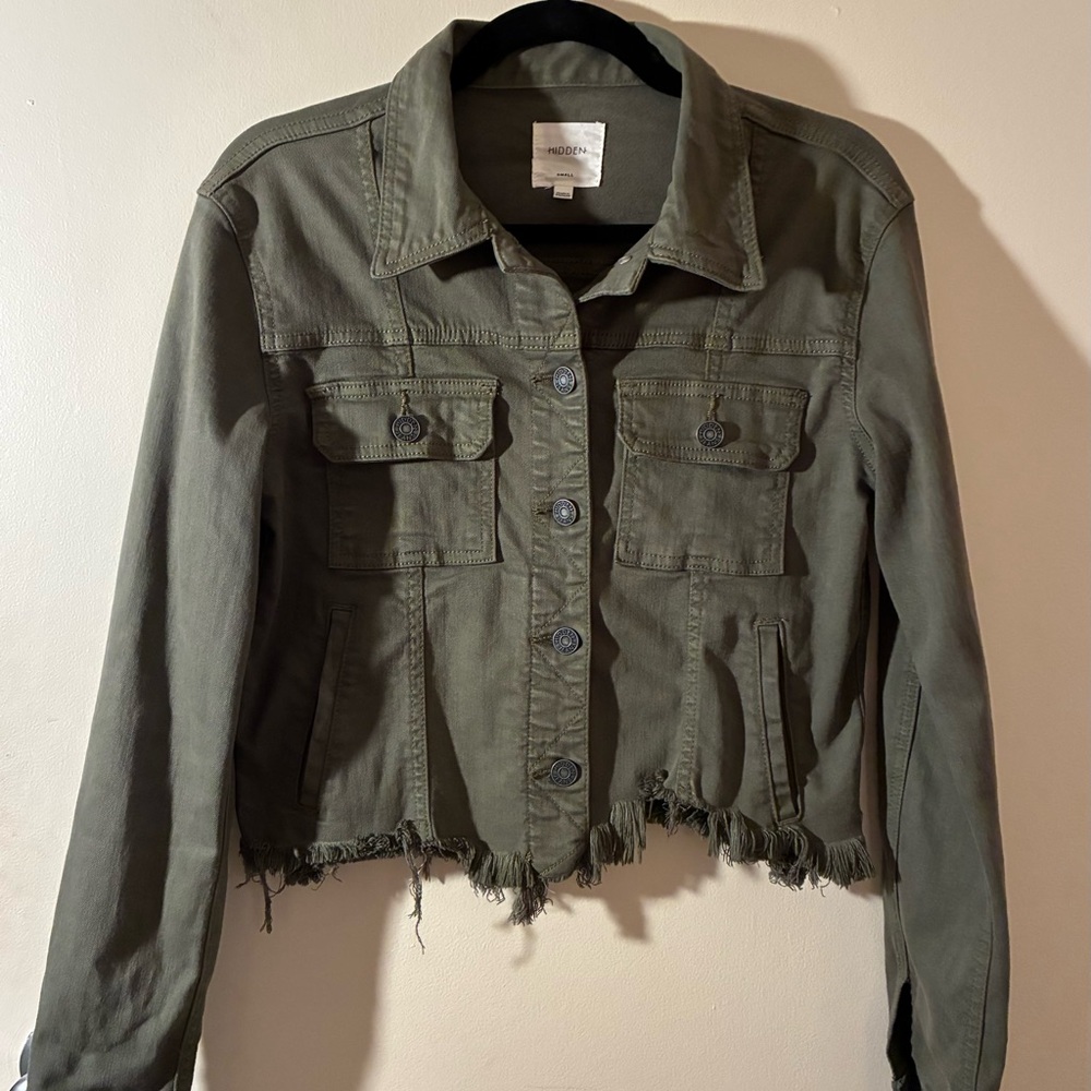 Hidden Cropped Denim Jacket Frayed Hem Olive Army Green Military EUC Small - Picture 2 of 10